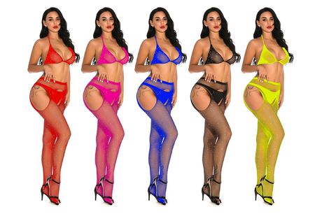 £8.99 for a diamante fishnets and bra set in yellow, black, red, pink or blue from Fifty Shades of Lust 