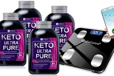 "Keto Ultra Pure"-supplement en weegschaal