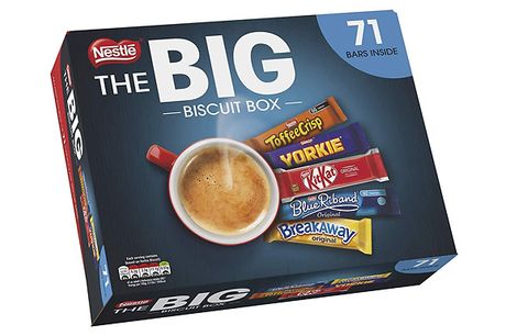 The Big Nestlé Biscuit Box - 71 Chocolate Bars     Including Breakaway, Blue Riband, Toffee Crisp, KitKat and Yorkie     All free from artificial colours and flavours     Suitable for vegetarians     A display-ready presentation box featuring five del