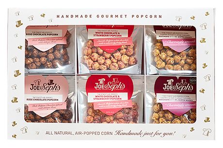 Joe & Seph's Valentine's Day Gourmet Popcorn Gift Box     Box includes 3 different varieties, with 2 packets of each flavour     Flavours include:              Rose Chocolate         Caramel, Macchiato  and  Whisky         White Chocolate  and  Stra