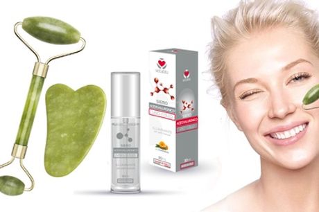 Rodillo de masaje facial con piedra de jade y sérum facial regenerador con ácido hialurónico