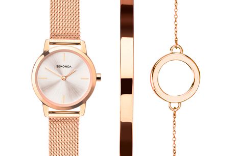 Sekonda Gift Set 49007.76. Dette perfekte gavesæt fra Sekonda indeholder et smukt ur og to matchene armbånd i et rosaguld design. Gavesættet er udført i rosaguldtonet stål.