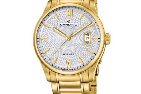 Candino C4692/1. Et flot og klassisk Swiss Made ur i guld fra Candino - Det perfekte ur til den moderne mand, der går op i højeste kvalitet og klassisk design. Guldfarverne er gennemgående for remmen samt urkasse, og den hvide urskive giver et flot spil t