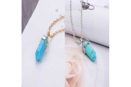 Hexagonal Pillar Crystal Turquoise Necklace - Gold or Silver