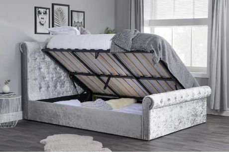 Sienna Side Ottoman Silver Crushed Velvet Fabric Bed Frame