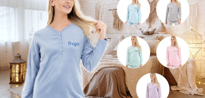 £18.99 instead of £35 for a women’s personalised fleece pyjama set in grey, light blue, denim blue, mint, lilac or pink from Style It Up – save 46%