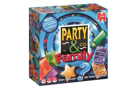 Party & Co Family bordspel <h2><strong>Wat krijg je?</strong></h2>
<ul>
 <li>Party & Co bordspel</li>
 <li><strong>Editie: </strong>Family</li>
 <li><strong>Inhoud:</strong>
 <ul>
 <li>dubbelzijdig bordspel</li>
 <li>300 kaarten</li>
 <li>kaarthouder</li>
