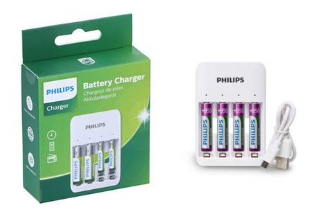 Batterioplader og batterier. Skån miljøet og løb aldrig tør for batterier med en Philips batterioplader og genopladelige batterier i AA eller AAA.