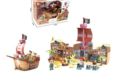Piratenspeelschip met muziekfunctie <h2>Wat krijg je?</h2>
<ul>
 <li>Piraten speelschip</li>
 <li>Inclusief verschillende speelelementen zoals piraten, schatkisten en goudmunten</li>
</ul>
<h2>Specificaties</h2>
<ul>
 <li>Geschikt voor kinderen vanaf 3 ja
