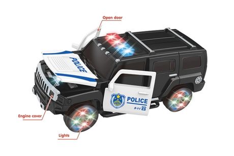 Politie-auto met licht en geluid <h2>Wat krijg je?</h2>
<ul>
 <li>Politie-auto</li>
</ul>
<h2>Specificaties</h2>
<ul>
 <li>Met licht en geluid</li>
 <li>Voor eindeloos veel speelplezier</li>
 <li>De deuren van de auto kunnen open en dicht</li>
 <li>Geschi