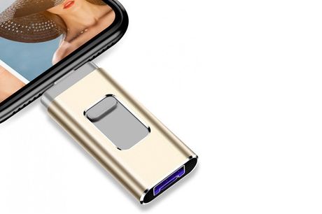USB-stik til smartphone. Frigør plads på mobilen enkelt og effektivt med et 3-i-1 USB-stik direkte til smartphone. Vælg mellem flere GB i guldfarvet.